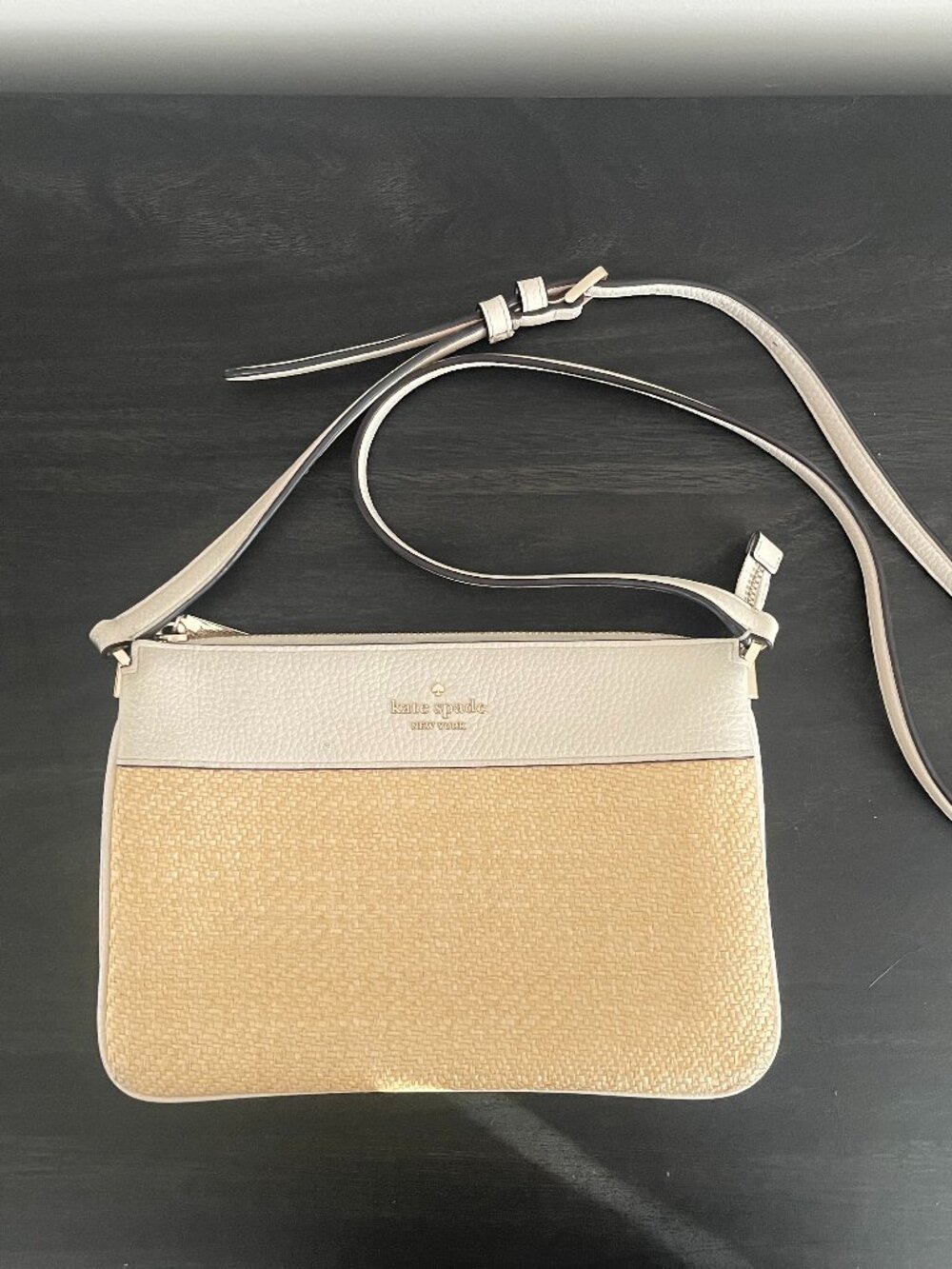Kate Spade Leila Straw Triple Gusset Crossbody Purse With White Strap